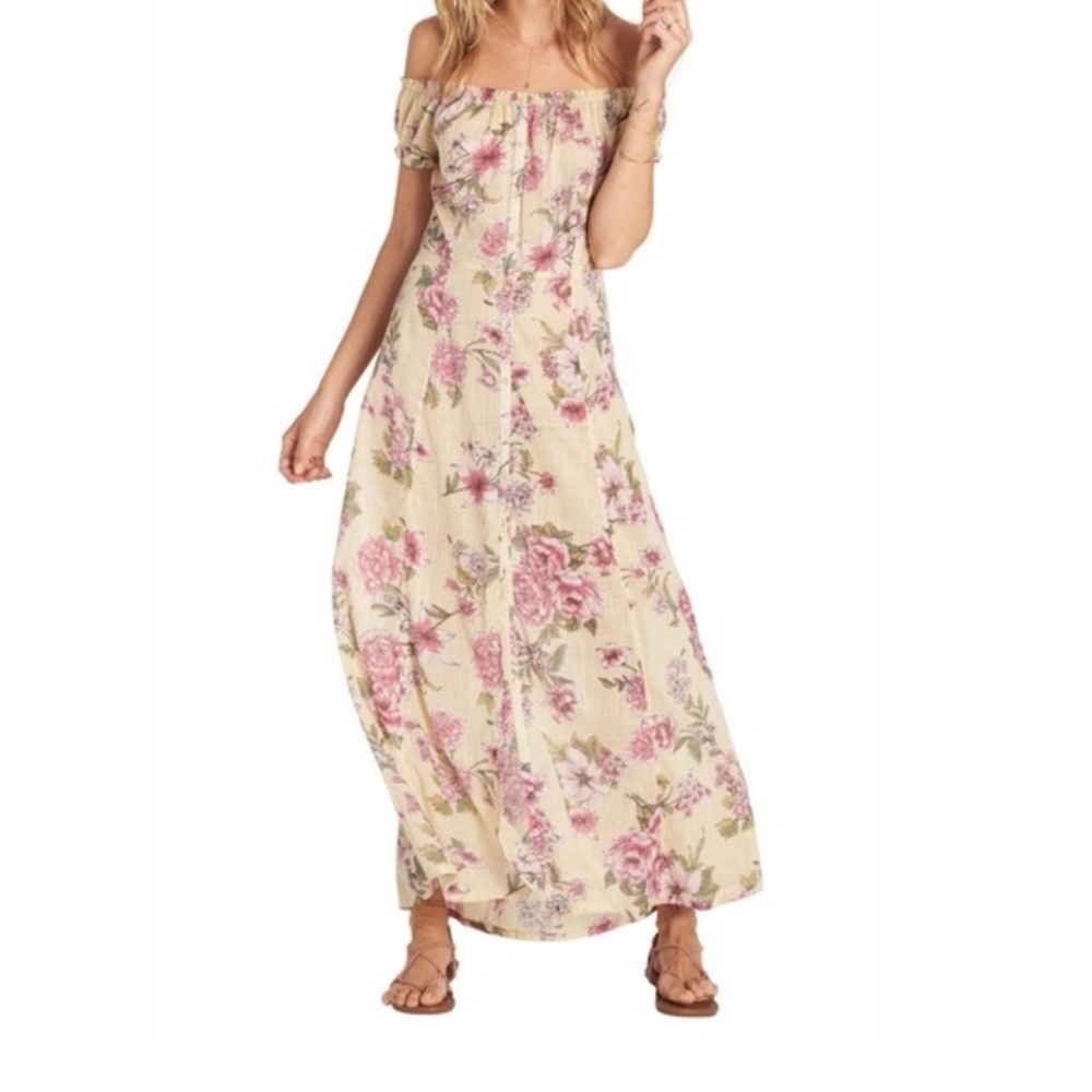 Billabong Yellow Boho On/Off Shoulder Floral Maxi Dress. Small.  100% cotton!